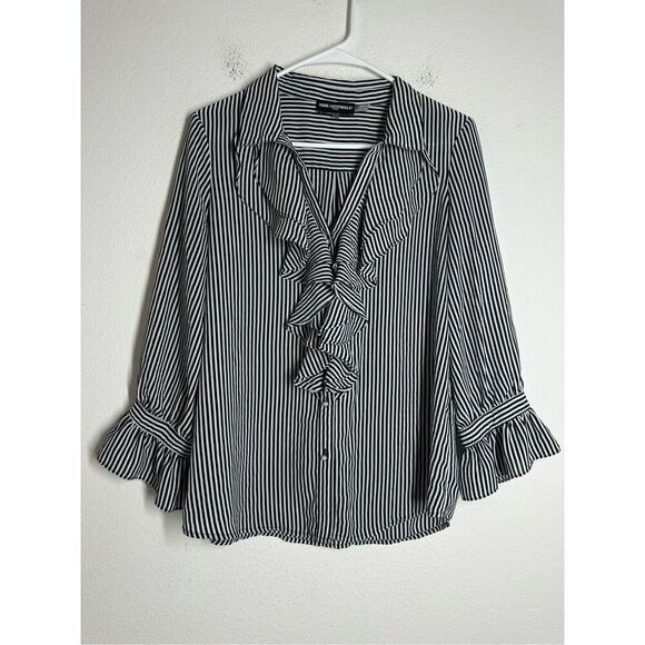 Karl Lagerfeld Women’s Black White Ruffle Front Blouse Pearls Trim Size SP - Picture 1 of 11